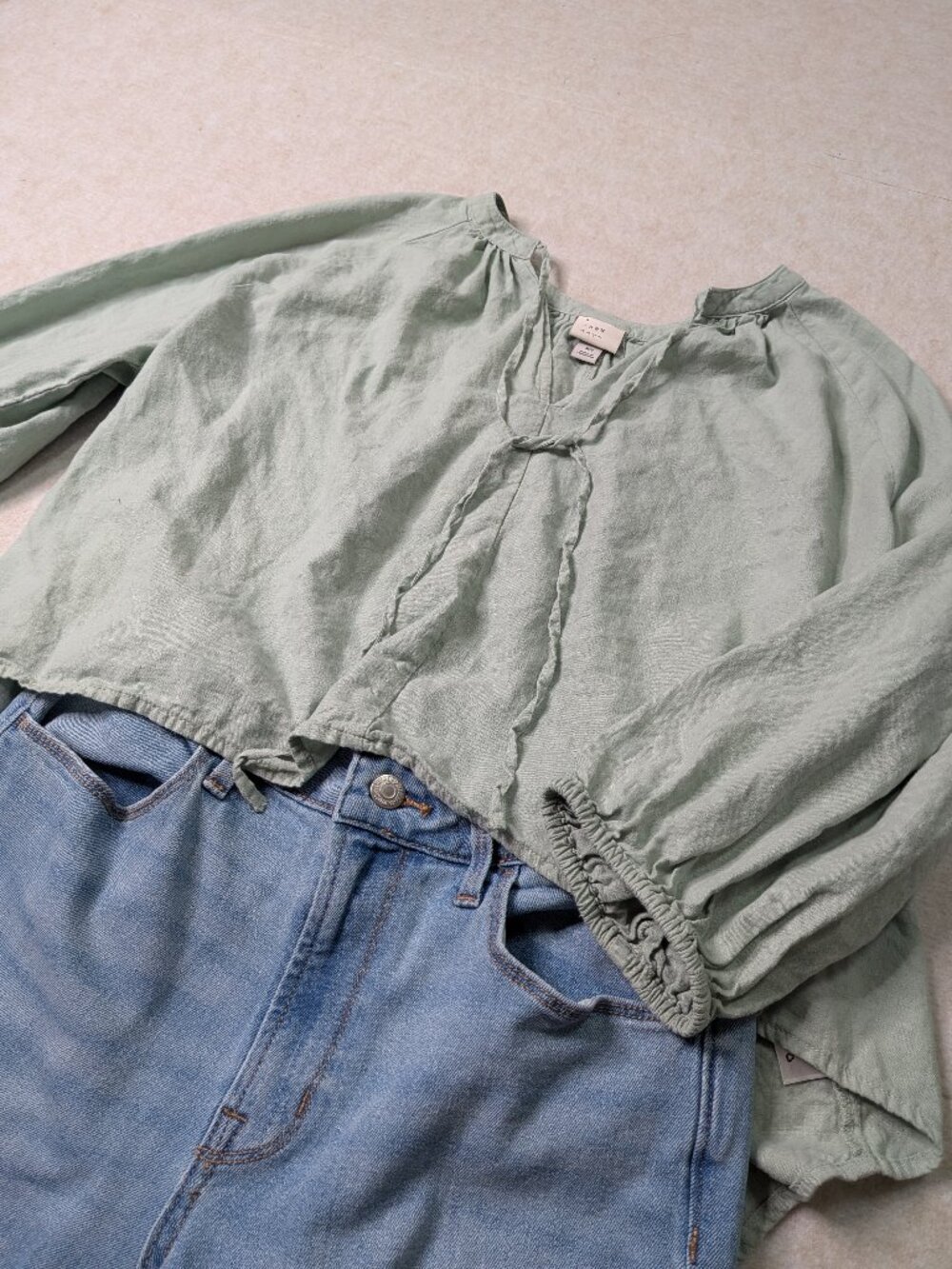 Seafoam Green Linen Peasant Style Crop Top Size XS